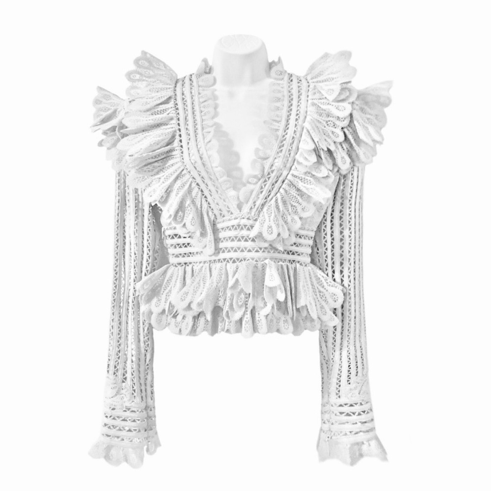 Zimmerman Inspired-White Lace Ruffle Peplum Top-S-New. See photos!